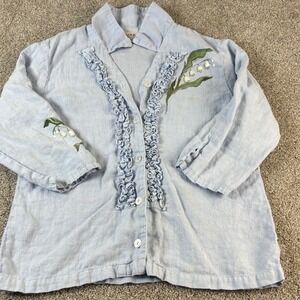VTG Garron‎ Blue Linen Embroidered Lily of the Valley Ruffle Blouse Top - Medium